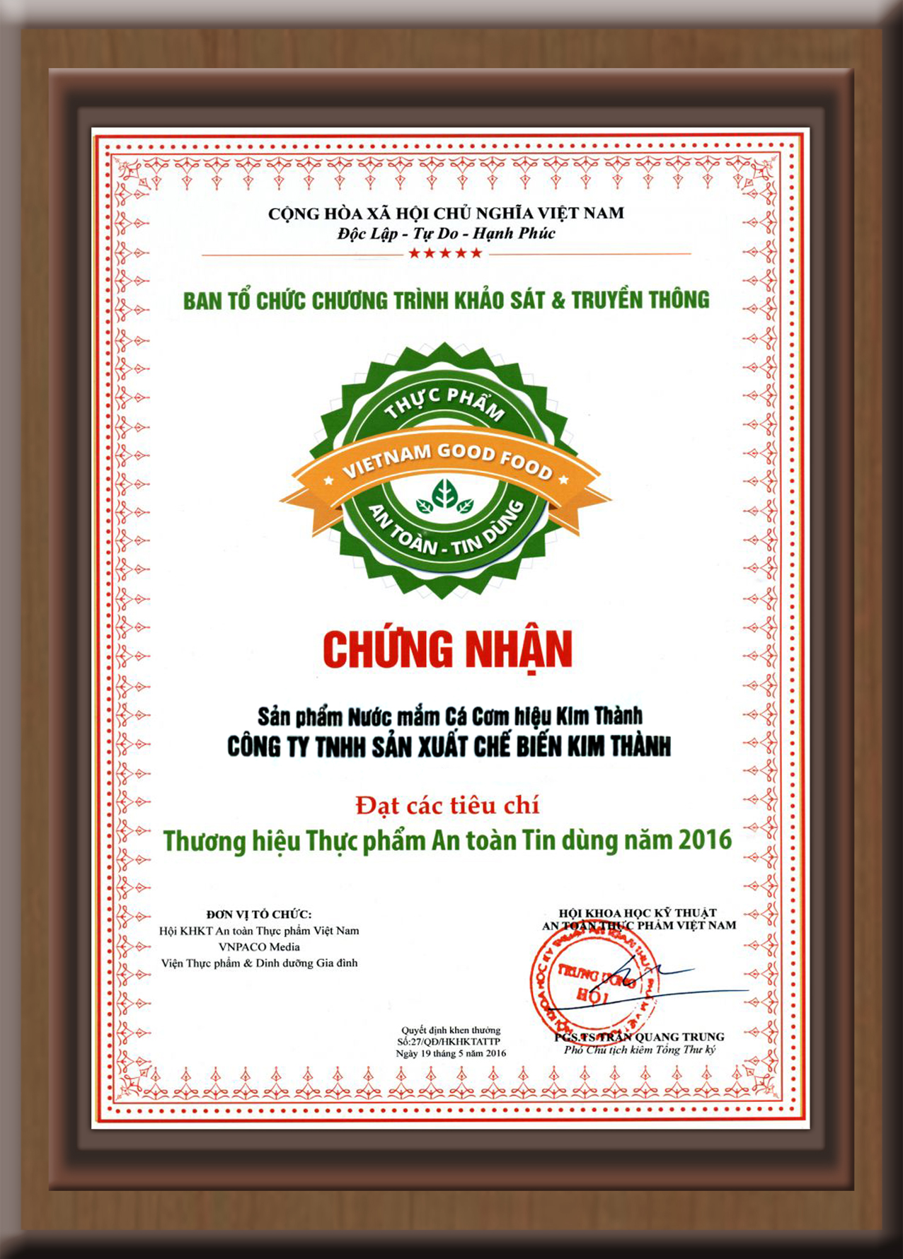 Thương hiệu Thực phẩm an toàn tin dùng 2016